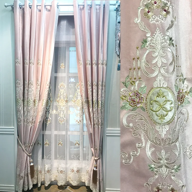 

Custom curtains High grade European shading flannel embroidered pink livingroom bedroom cloth blackout curtain tulle drape M752