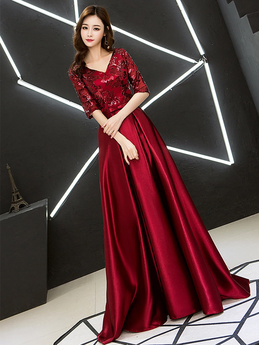 Это Yiiya вечерние платья размера плюс с блестками торжественное платье для женщин бордовое с v-образным вырезом Половина рукава молния robe de soiree E1413