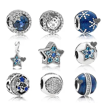 

NEW NEW Winter Blue Enamel Snowflake 100% 925 Sterling Silver Pan Charm Bead Blue moon Fit Bracelet DIY Jewelry Making