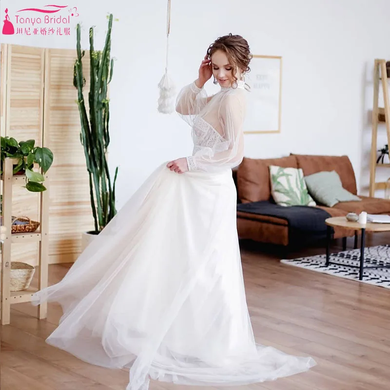 

High Neck Wedding Dresses Sheer Long Sleeve Dreamy Bohemian Bridal Gowns Open Back Vestido de NoivasZW220