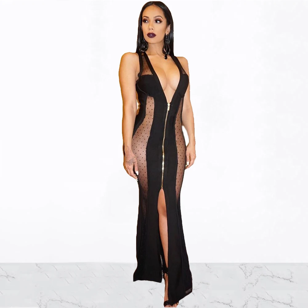 

Women Sexy Deep V-neck See Through Sheer Mesh Party Dresses Sleeveless Split Long Zipper Patchwork Maxi Dresses Robes Clubwear