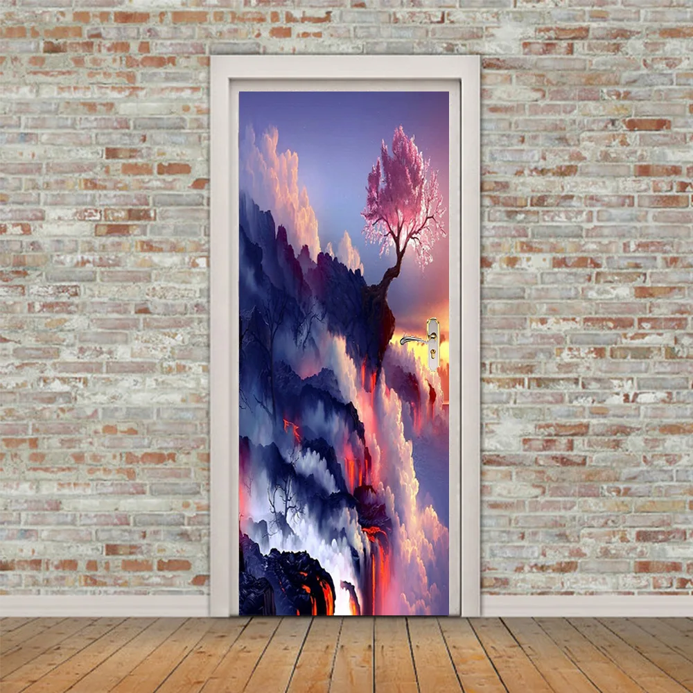 Цветной горный лес туман природный пейзаж 3D дверная Наклейка ПВХ водостойкая