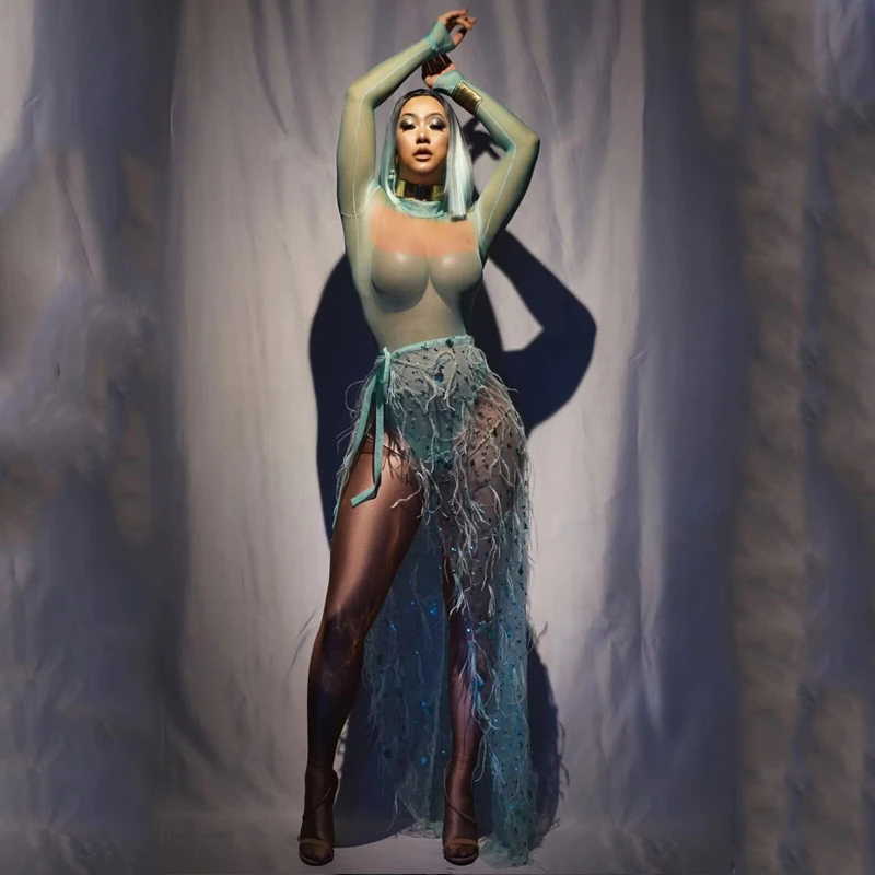 New Singers Long Sleeves Bodysuit Green Sequins Mesh Feather Long Tail Outfit Women Dancer Bar Prom Nightclub Jumpsuit vdb1134
