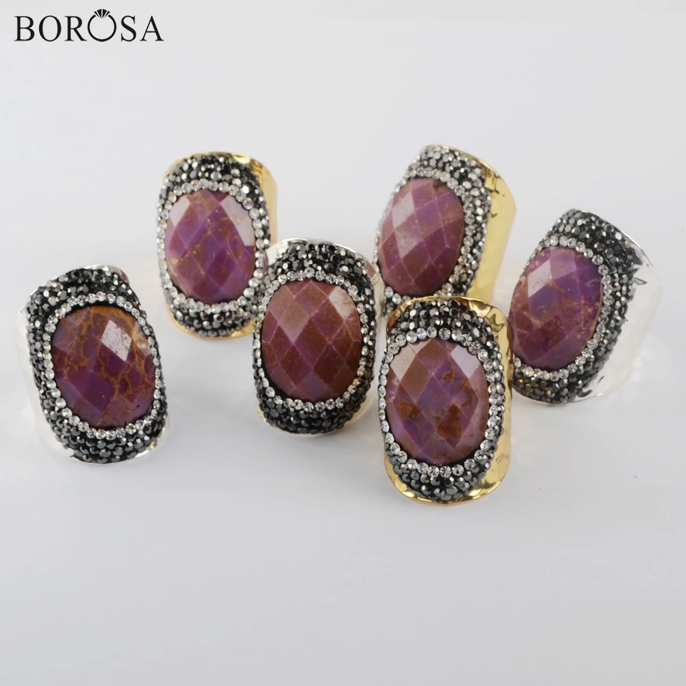 

BOROSA 5Pcs Gold Color Ring Natural Sugilite Cubic Zirconia Ring Fashion Rhinestone Rings for Women Jewelry Gifts JAB973