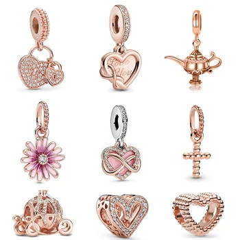 Dijes de plata de ley S925 para mujer, cuentas de Cruz de Oro rosa para pulsera Pandora Original, regalo de joyería artesanal