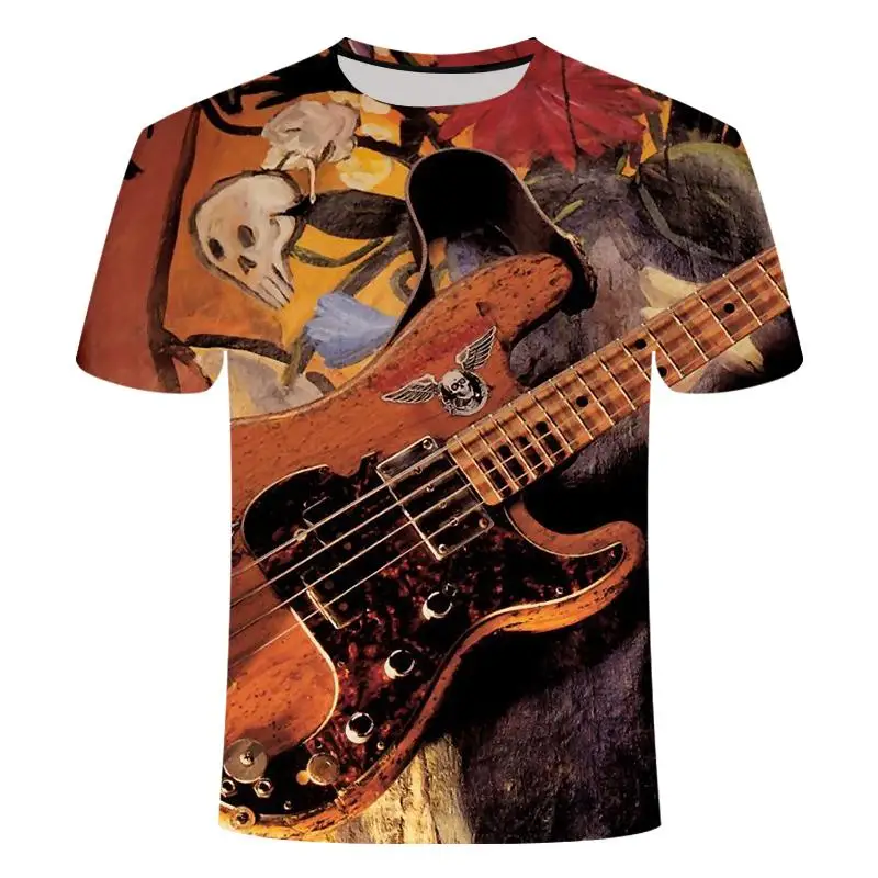 

3D Print T-Shirt O-Neck Short Sleeve Rock Musical Instrument T-Shirt Guitar