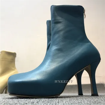 

New Platform stretch slim ankle boots women spaure toe Nude lether short boots high heels autumn winter sexy runway shoes