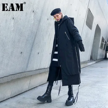 

[EAM] Black Big Size Drawstring Hooded Cotton-padded Coat Long Sleeve Women Parkas Fashion Tide New Autumn Winter 2020 1DD0987