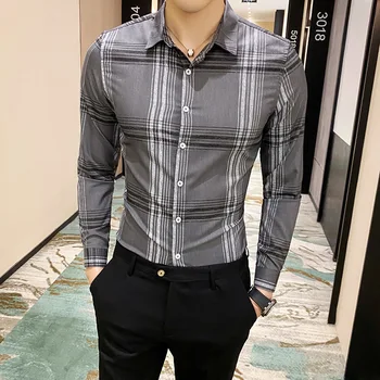 

Korean Men Clothes 2020 Summer Men Shirt Casual New Plaid Printing Slim Fit Simple Tuxedo Shirt Men Long Sleeve Camisa Masculina