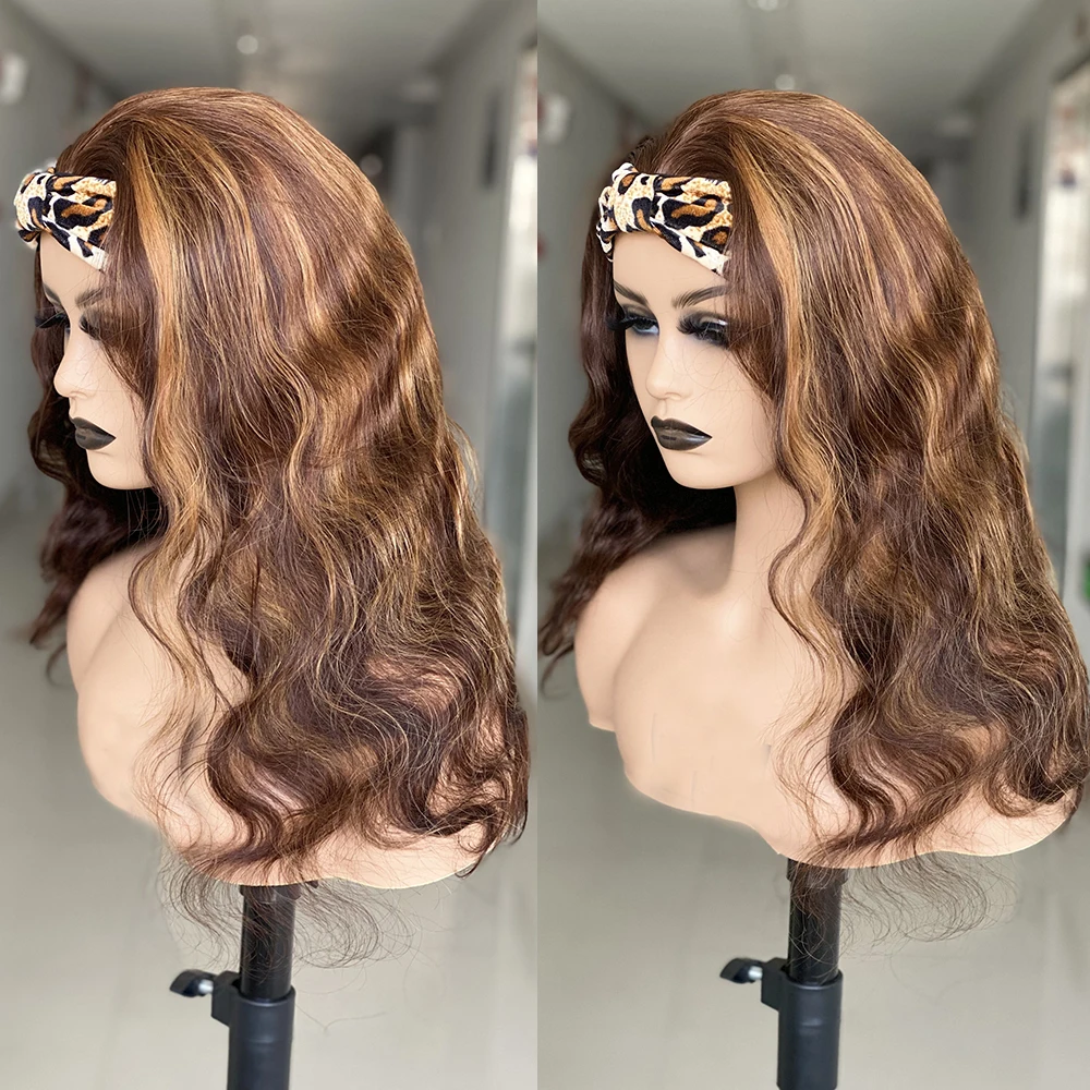 

Highlight Body Wave Headband Wig Water Wve Colored Human Hair Wigs For Women Remy Glueless Ombre Brown Straight Headband Wigs