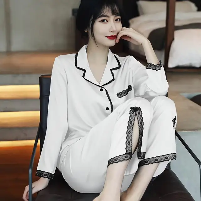 Lace Pj's 2PCS Sleepwear Women Satin Pajamas Suit Summer Pyjamas Casual Intimate Lingerie Long Sleeve Shirt&Pants Lounge Wear White D