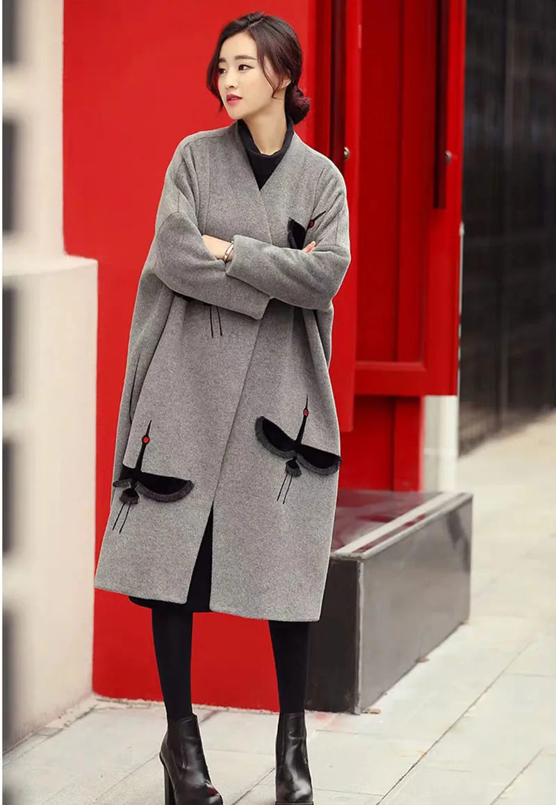 Autumn Winter Woman Coats Fashion Trench coat Embroidered V-neck Gray wool coat Women Long Coat Korean Feminine Tops mujer