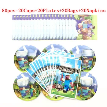 

80pcs/50Pcs New Mining Pixel Game Theme Kids Girls Birthday Paper Cups+Plates+Napkin+Gift bags Birthday Family Party Supplies