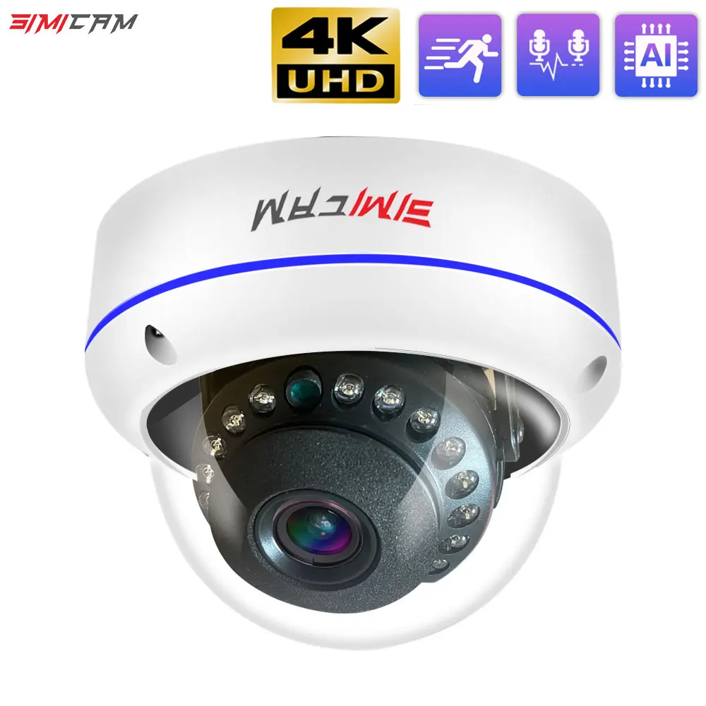 4K 8MP Security PoE IP Camera Dome Metal shell Onvif H265 3840x2160 100ft Human IR Night Vision Audio Video Surveillance SIMICAM