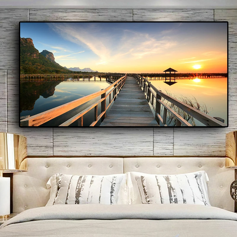 Солнечный мост деревянный пейзаж с озером плакаты и принты рисунок на холсте, фотографии скандинавские стены Искусство картина для гостиной