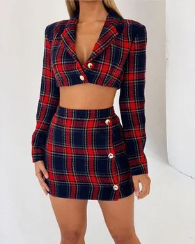

2020 Women Sexy Dress Plaid Pattern Long Sleeve 2 Piece Set Top and Skirt Women Sets Clothes High Street Women Outfits New Style