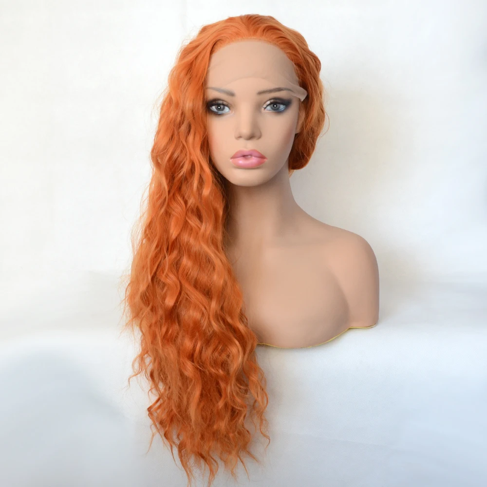 Vogue queen оранжевый вьющиеся Длинные Синтетические Кружева передние парики высокой плотности для женщин