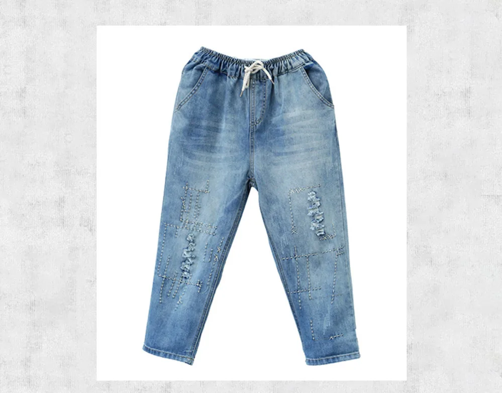 2019 летние рваные джинсы для женщин Винтаж отверстие стиральная вышивка джинсовые штаны Свободные Высокая талия дамские шаровары