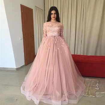 

Boat Neck Long Sleeve A-Line Tulle Long Prom Gowns Appliques Pink Formal Evening Party Dresses Floor Length Plus Size