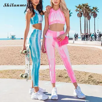 

Tie Dye Two Pieces Set Women Pink Blue 2019 Fashion Fitness Sporting 2 Pcs Set O-Neck Sleeveless Crop Tops Skinny Pant Tracksuit