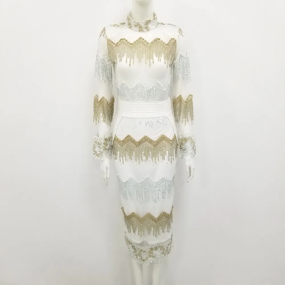 Новое Женское Макси модное белое Бисероплетение круглый вырез длинный рукав Vestido знаменитое вечернее облегающее платье