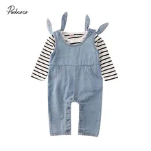 Коллекция года, брендовый комплект из 2 предметов для новорожденных мальчиков и девочек, футболка с длинными рукавами+ джинсовые штаны на подтяжках, комбинезоны Осенняя повседневная одежда