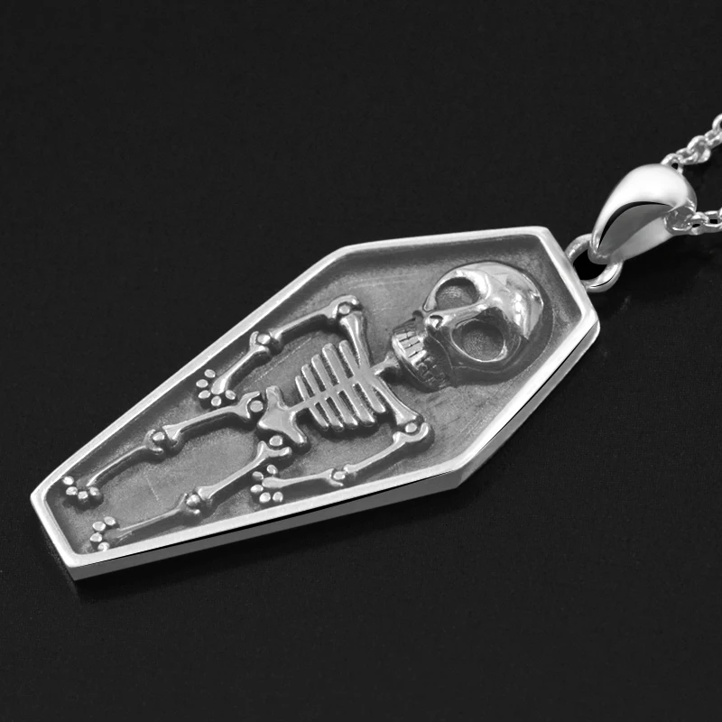 StrollGirl 925 Sterling silver Skull in the coffin pendent skeleton chain necklace for Women Halloween Jewelry gift free ship
