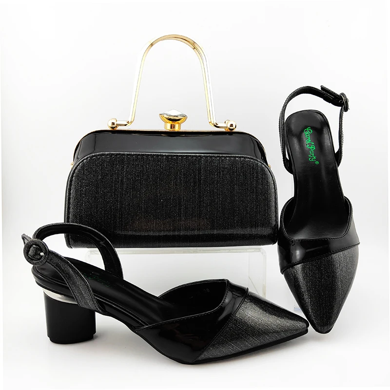 

High quality black shoes matching bag set for african aso ebi party Promotional black shoes and bag set nigeria SB8466-7