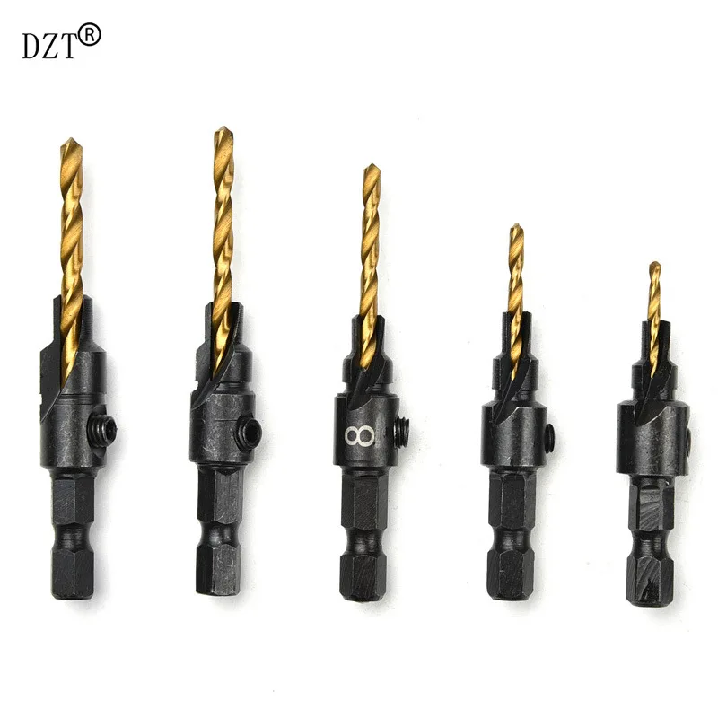 

5pc Hexagonal Shank Countersunk Head/Counterbore Drill Bit/Woodworking Hole Saw Titanium/Countersunk Head Taper Hole Drilling Re
