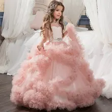 Ball Gown Princess Pink/Blue/Lilac Flower Girls Dresses Ruffles Tiered Kids Sheer Illusion Back Sashes Wedding Party Dress
