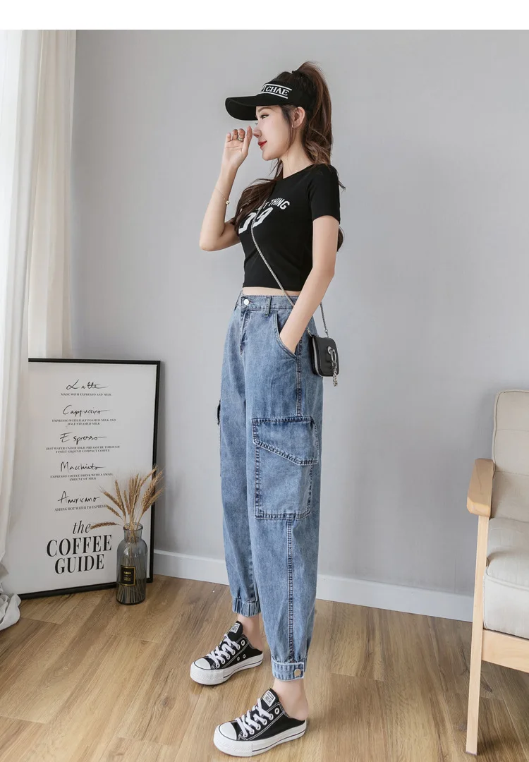 

VINStudio 2020 New cotton Jeans for Women Autumn High Waist Loose Jeans Plus Size Women Jeans Ninth pants blue