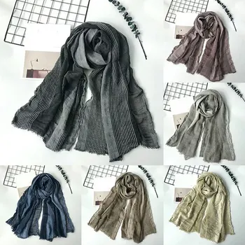 

Scarves Women 2020 Long Scarf Cotton Linen Soft Tassel Pleated Scarf Soft Men Solid Color Japanese Style Wrinkled Warm Scarf