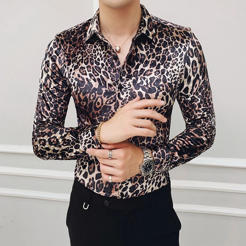 

Leopard Velvet Men's Shirts Long Sleeve Autumn And Winter Luxury Tuxedo Dress Shirt Men Casual Slim Fit Shirt Plus Size 4XL