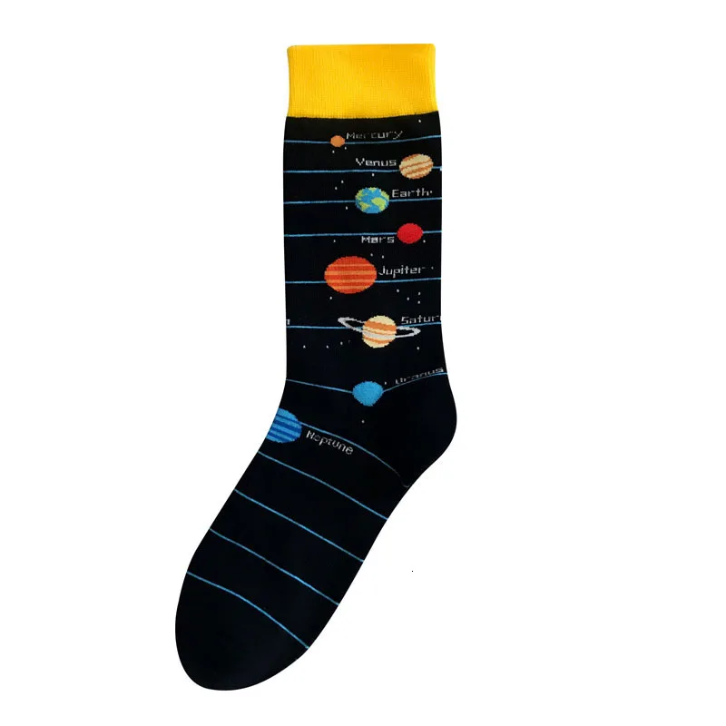 PEONFLY/милые Мультяшные носки с космическим рисунком, мужские хлопковые носки с рисунком инопланетянина, планеты, звезд, Harajuku, креативные забавные счастливые носки - Цвет: Blacksolarsystem