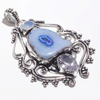 

Solar Quartz + White Topaz Pendant Silver Overlay over Copper , Women Jewelry gift