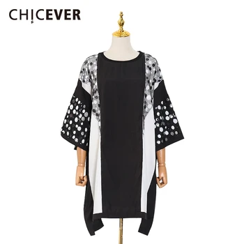 

CHICEVER Spring Patchwork Sequined Women Dress O Neck Short Sleeve Loose Slim Irregular Hem Knee-length Dresses 2020 New Tide