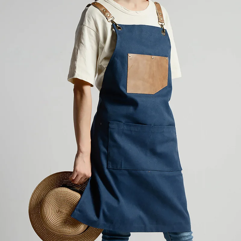 Fashion Adjustable PU Canvas Apron Coffee Shop Barber Aprons Bib Cooking Kitchen Aprons For Woman Man Work Apron With Pockets