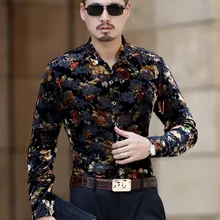 Мужская осенне-зимняя шелковая бархатная рубашка с модным цветочным принтом, деловые повседневные велюровые топы, рубашки, плотная теплая Цветочная рубашка, M-3XL