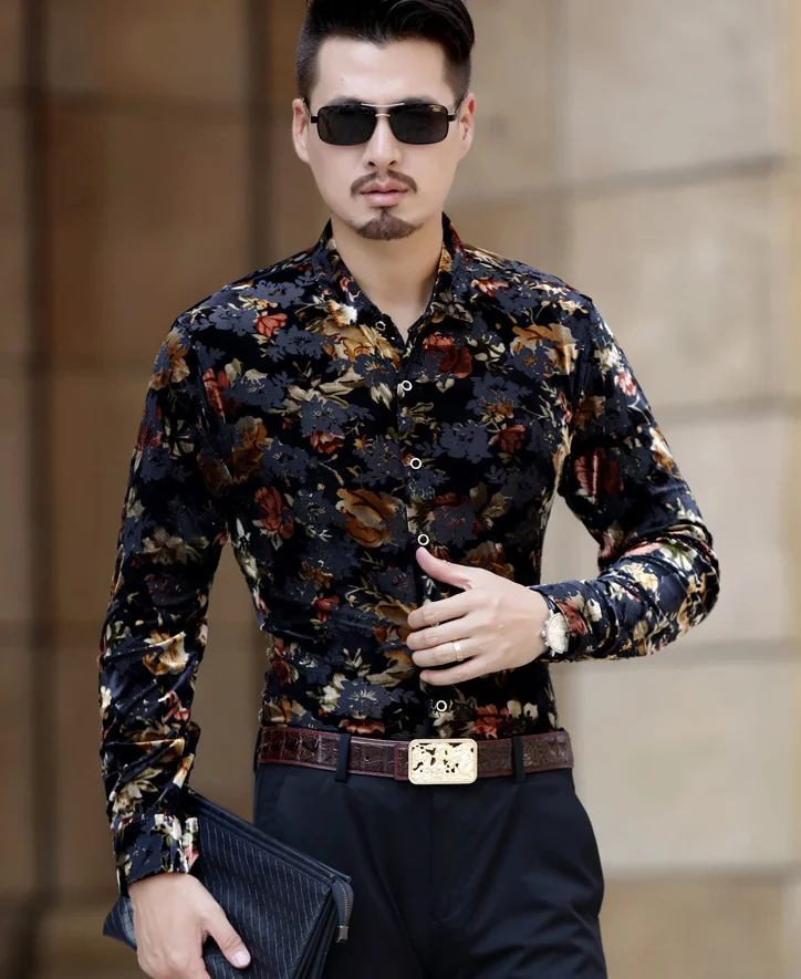 Velvet Flowers Printed Shirt Men | Shirts Floral Velvet Silk Mens - Men ...