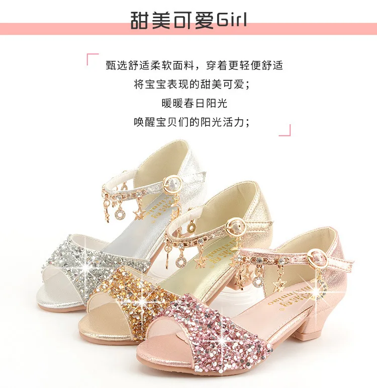 Girls Sandals Children Crystal Shoes 2022 Summer Kids Glitter Shoes High Heels Sequined Rhinestone Pendants Open Toes Princess slippers for boy