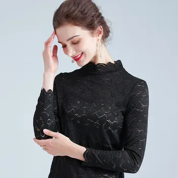 

Women's spring and autumn solid color lace solid color hollow long-sleeved T-shirt