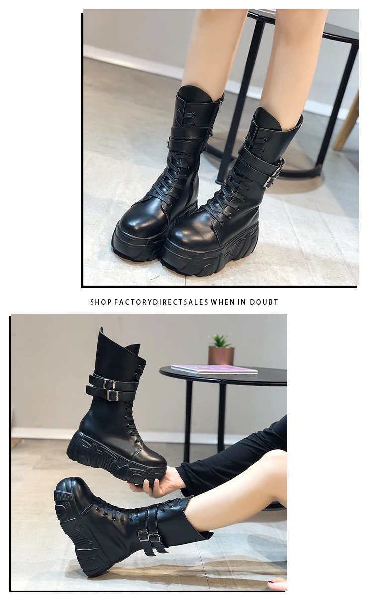 Черные кожаные ботинки до середины икры; коллекция года; зимние мотоциклетные ботинки в стиле панк; женские ботинки на водонепроницаемой платформе с ремешком и пряжкой