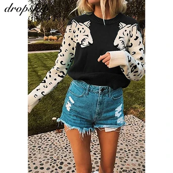 

Autumn Women Leopard Knitted Pullover Sweater 2020 Long Sleevele Slim Fit O Neck Casual Female Knitwear Jumper Top