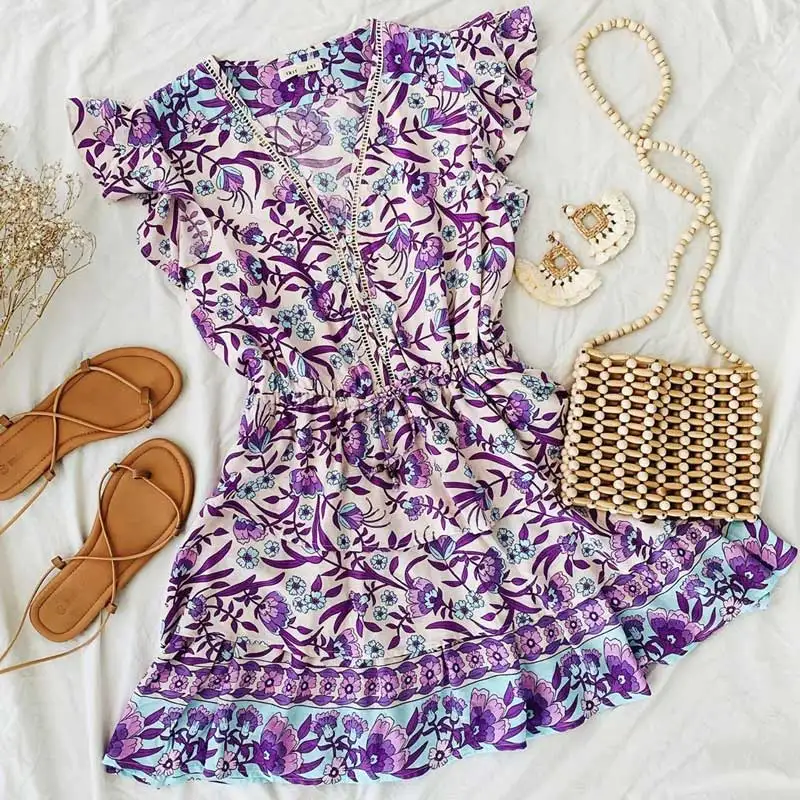 Богемный Вдохновленный фиолетовое многослойное платье с рюшами и v-образным вырезом, мини-платье для вечеринки, многослойное Каскадное платье с рюшами в стиле бохо, новинка, летнее платье - Цвет: Фуксия