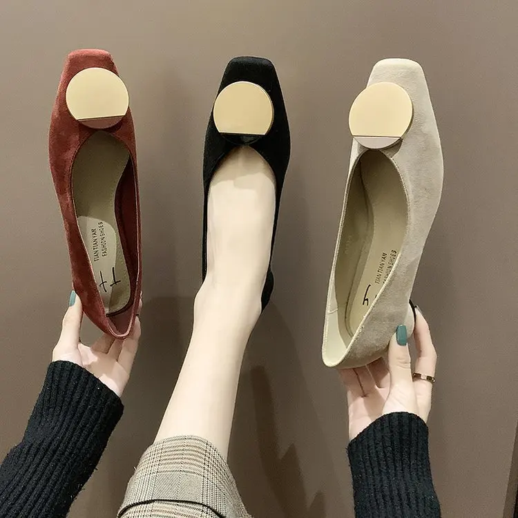 

Shoes Women's 2020 Spring New Style Korean-style Suede Metallic Decoration Low Heel Square Head Foot Covering Femaleshoes