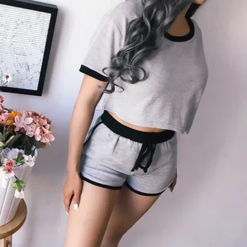

Womens Short Sleeve Pajamas Set Splice Lacing Casual Shorts Loose Tops Pajamas Set Shorts Sleepwear Home Loungewear