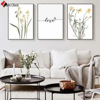 

Love Print Yellow Flower Canvas Painting Watercolor Floral Poster Pastel Color Wall Art Wall Pictures for Living Room Home Decor