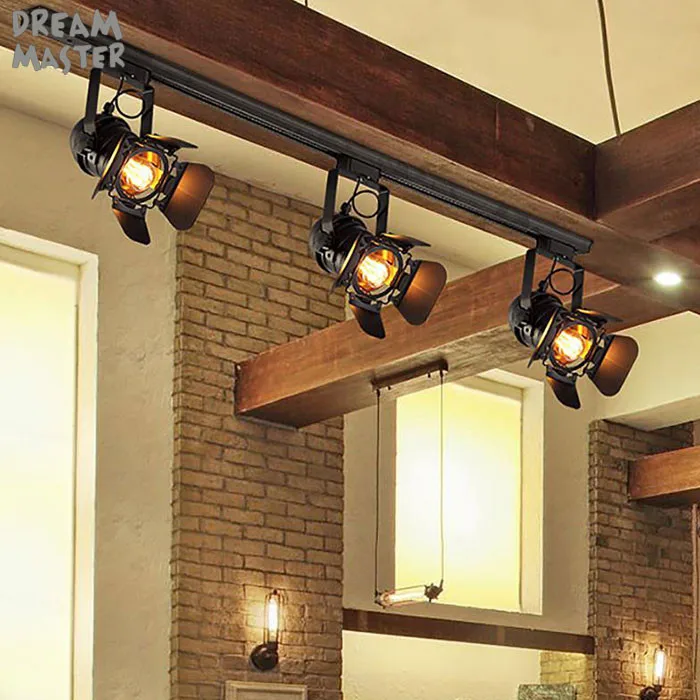 Description Picture 4 of itemVintage E27 Track Light, Loft Industrial Spotlight Rail Light, Black Track Lamp with barndoor, Clothes Store Shop Lighting