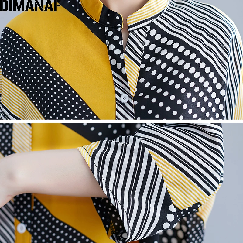 DIMANAF Плюс Размер Женская блузка осенний принт в горошек пэчворк женские базовые Топы Рубашки Свободные Большие размеры повседневная одежда