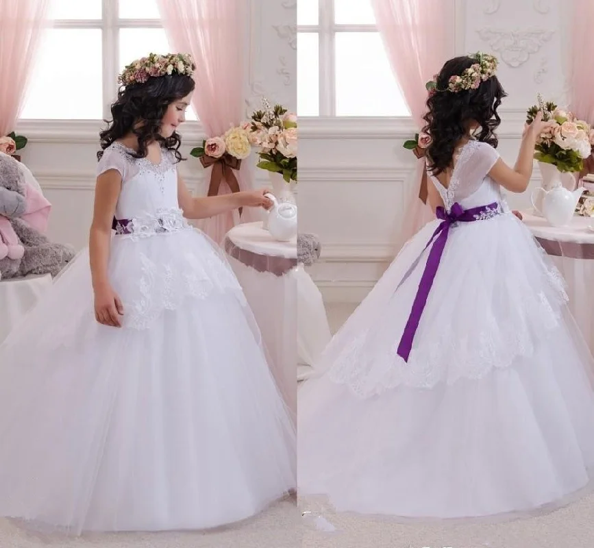 604Lovely white flower girl dresses for wedding with purple sash lace appliques ball gown for girls flowers vestidos de comunion